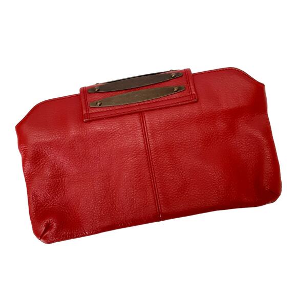 RomyGold Red Genuine Leather Metal Flap Clutch Bag Zip Closure Evening Bag - Picture 2 of 10